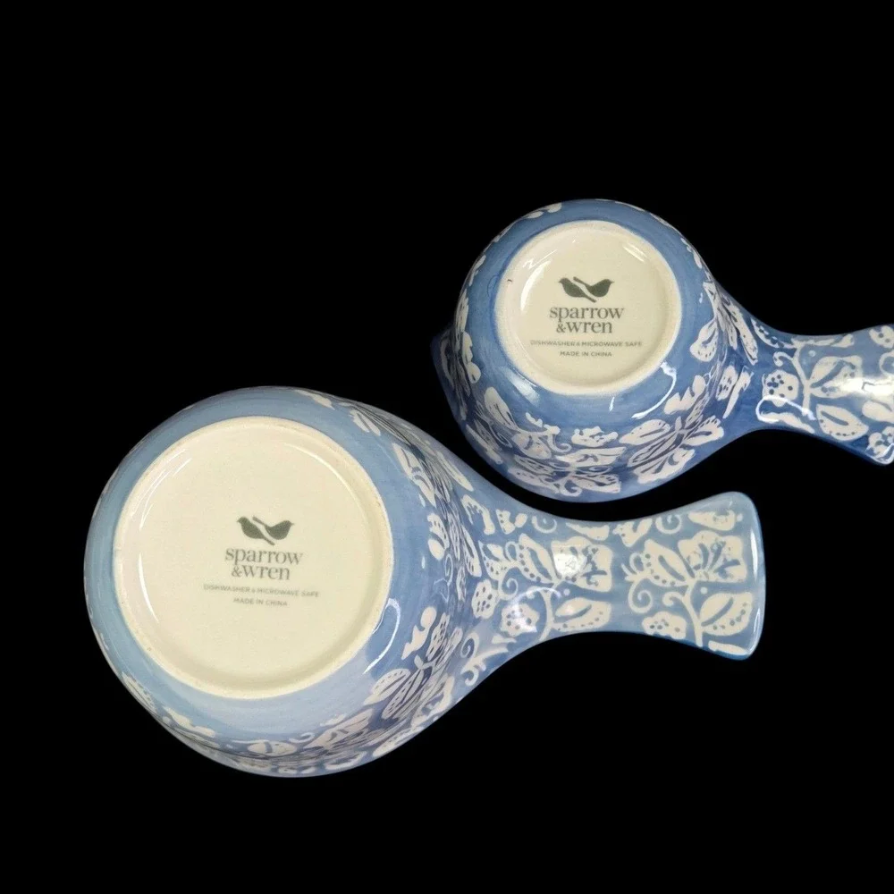 Sparrow and Wren Ceramic Measuring Cups Set 4 Blue Floral Leaf Kitchen Cooking